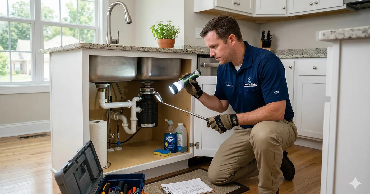 Pest control technician performing kitchen inspection
